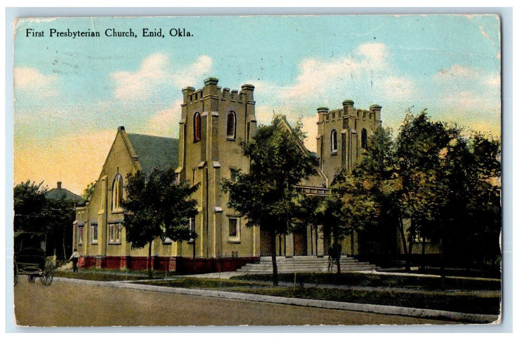 1913 First Presbyterian Church Trees Street Scene Enid Oklahoma OK Postcard