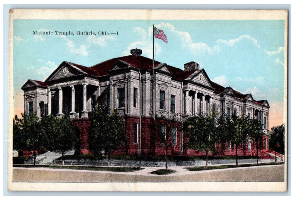 Masonic Temple Tree-lined Exterior Scene Guthrie Oklahoma OK Antique Postcard