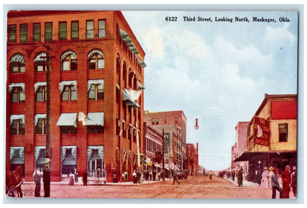 1909 View Of Third Street Looking North Muskogee Oklahoma OK Antique Postcard