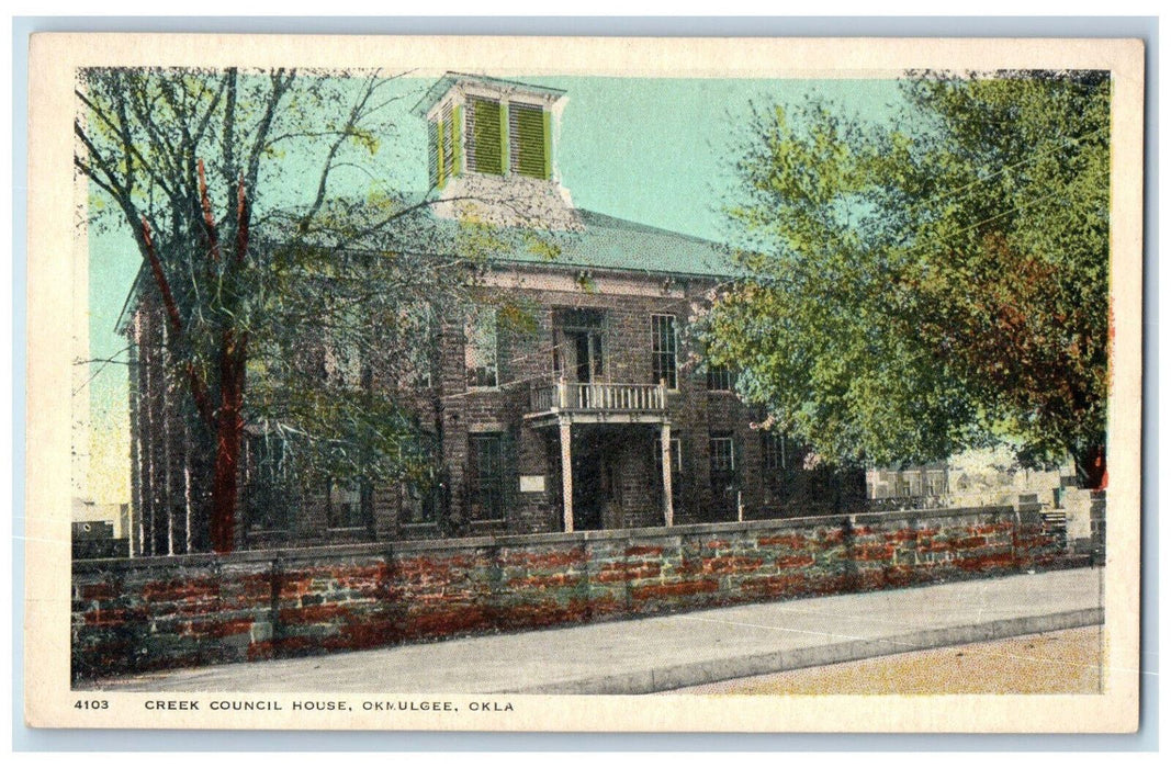 Creek Council House Trees Front View Okmulgee Oklahoma OK Antique Postcard