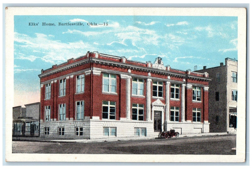 Elk's Home Bartlesville Car Street Front View Oklahoma OK Antique Postcard