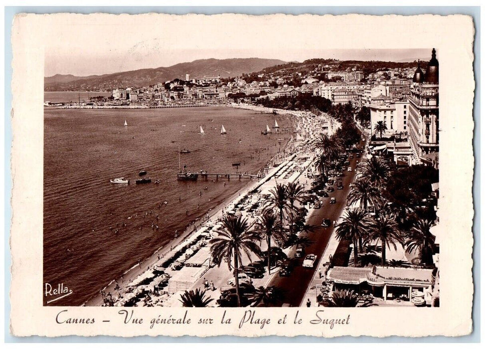 1955 Beach and Le Suquet View Sailboats Dock Cannes France RPPC Photo Postcard