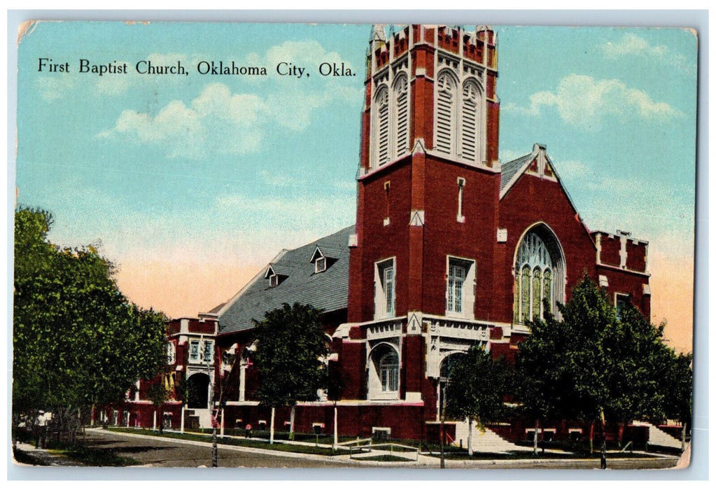 1914 First Baptist Church Trees Exterior Scene Oklahoma City OK Antique Postcard