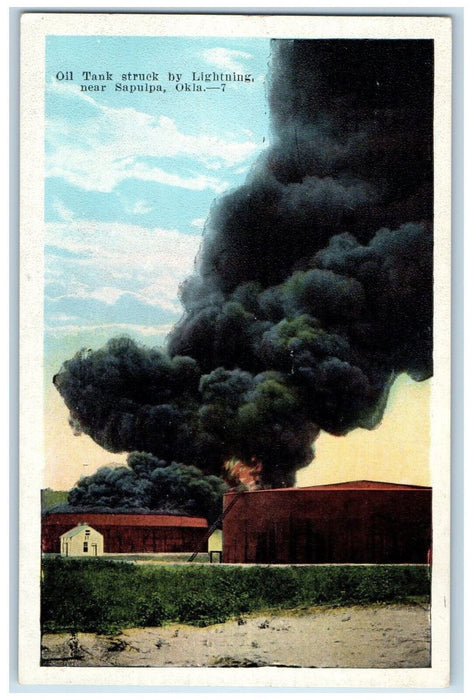 View Of Oil Tank Struck By Lightning Near Sapulpa Oklahoma OK Antique  Postcard