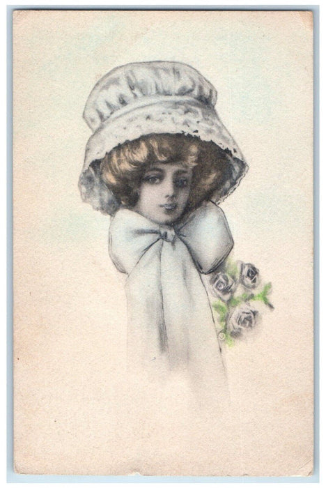 1911Pretty Woman Curly Hair Bonnet Ribbon Flowers Winchester KS Antique Postcard