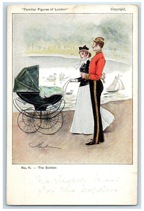 c1910's The Soldier Baby Stroller Sailboat Familiar Figures Of London Postcard