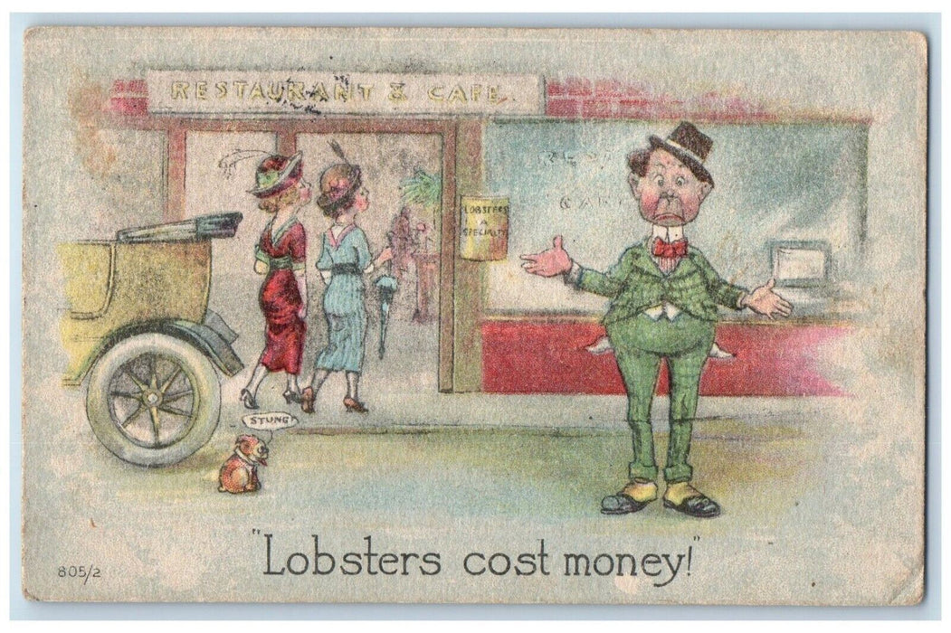 1915 Woman Restaurant Cafe Stung Dog Lobster Cost Money Painted Post NY Postcard