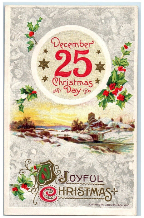 Christmas December 25 Holly Berries Winter John Winsch Artist Signed Postcard