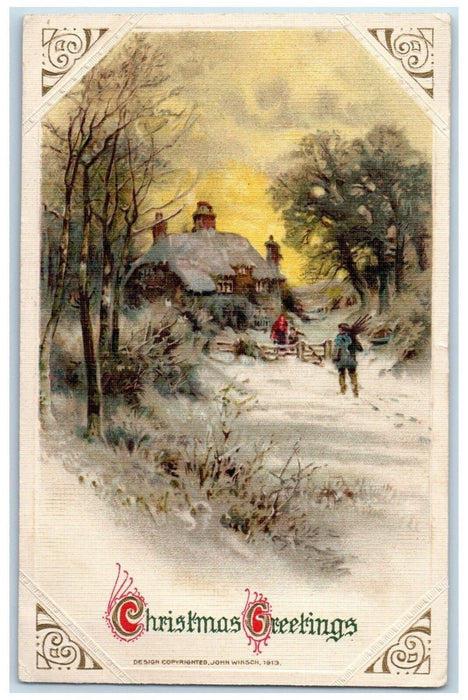 1913 Christmas Greetings House Winter John Winsch Artist Signed Antique Postcard