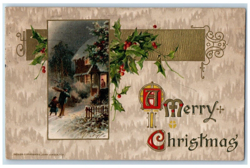 1911 Merry Christmas House Berries Winter John Winsch Artist Signed Postcard