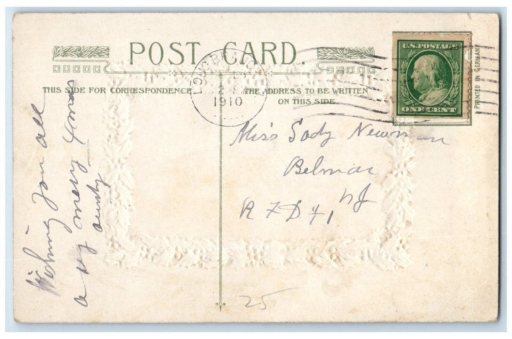 1910 Christmas Wishes Holly Berries Winter Dog Embossed Long Branch NJ Postcard