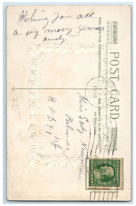 1910 Christmas Wishes Holly Berries Winter Dog Embossed Long Branch NJ Postcard
