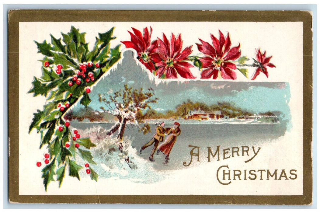 1910 Christmas Holly Berries Poinsettia Flowers Ice Skating Winsch Back Postcard