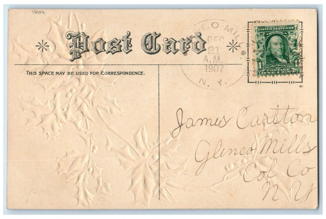 1907 Christmas Man Canoeing Holly Berries Embossed Nash Glenco Mills NY Postcard