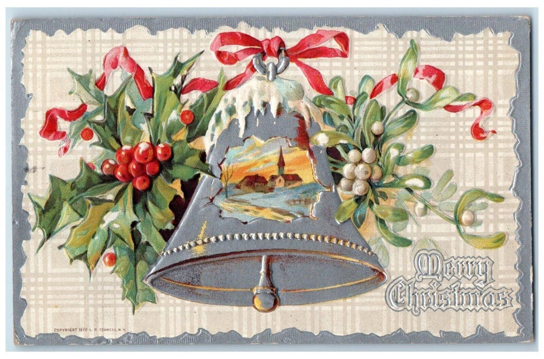 c1910's Merry Christmas Ringing Bell Mistletoe Berries Conwell Embossed Postcard