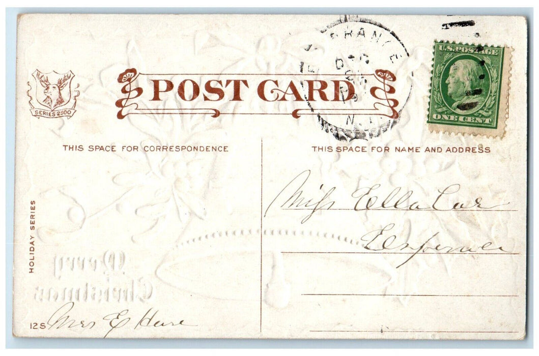 c1910's Merry Christmas Ringing Bell Mistletoe Berries Conwell Embossed Postcard