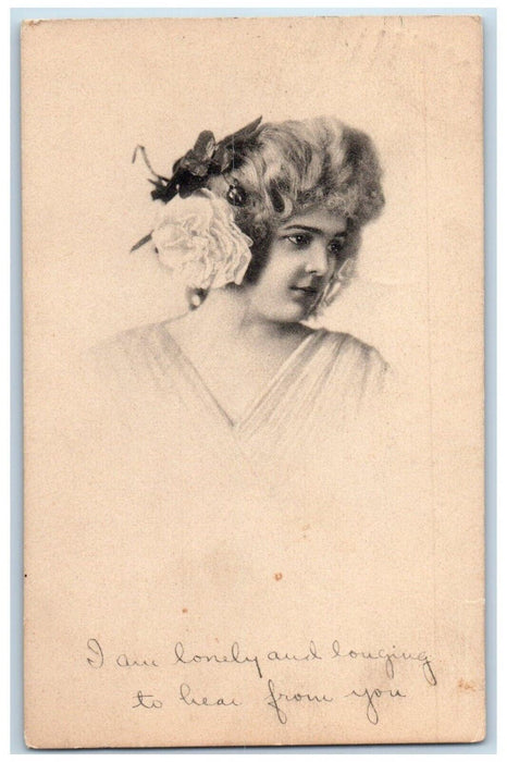 1914 Pretty Woman Curly Hair With Flowers Van Horn Iowa IA Antique Postcard