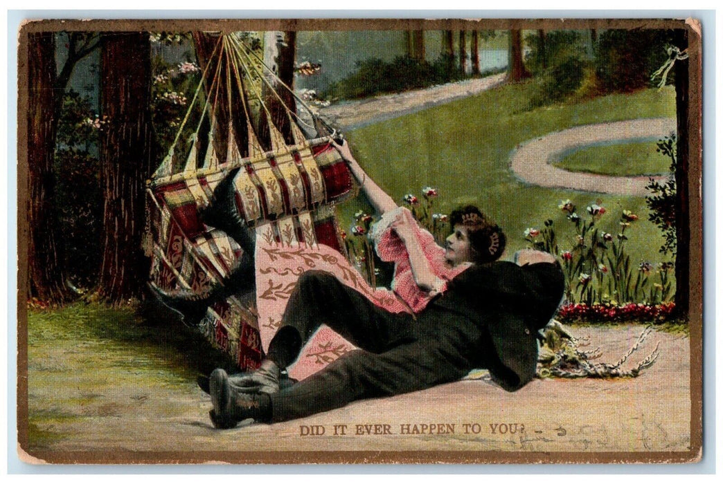 1912 Couple Fell Off Broken Hammock Flowers Perkins Oklahoma OK Antique Postcard