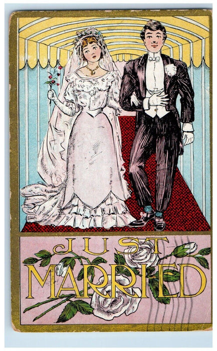 1910 Just Married Couple Romance Flowers Milwaukee Wisconsin WI Antique Postcard