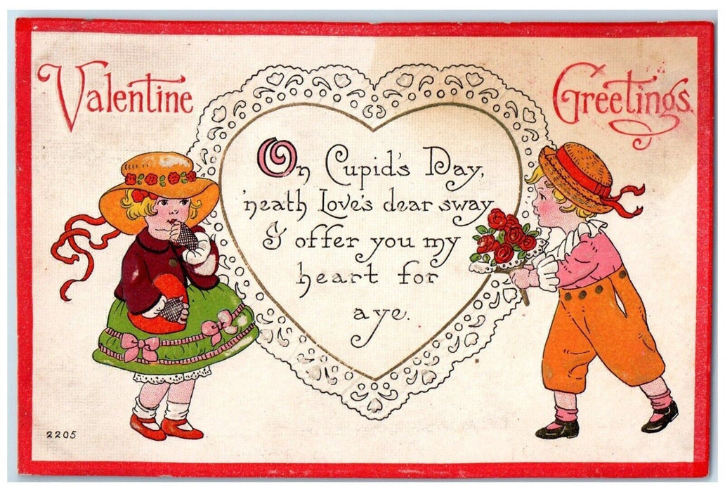 c1910's Valentine Greetings Heart Cupids Day Little Sweetheart Flowers Postcard