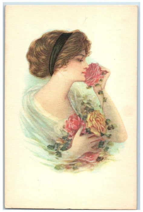 c1910's Pretty Woman Smelling Roses Flowers Italy Unposted Antique Postcard