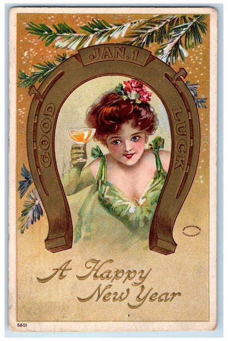 1908 Happy New Year Woman Champagne Horseshoe Embossed Posted Antique Postcard