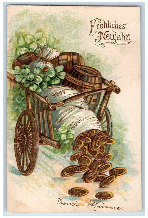 1906 New Year Sack Of Coins Fell Barell Shamrock In Wagon Embossed Postcard