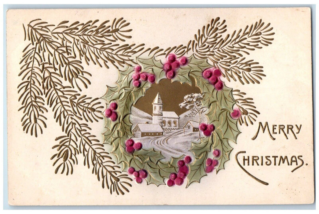 c1910's Merry Christmas Holly Berries Whreath House Church Winter Postcard