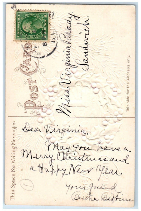 c1910's Merry Christmas Holly Berries Whreath House Church Winter Postcard