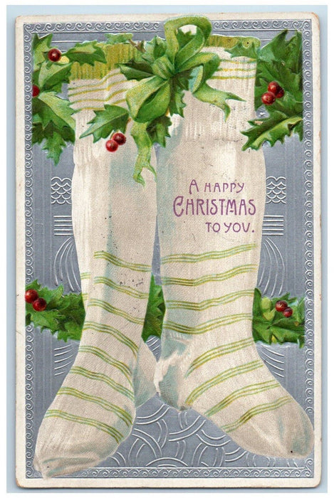 1907 Christmas Stockings Holly Berries Embossed Hamilton Ohio OH Posted Postcard