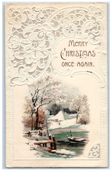 1910 Merry Christmas Winter River Boat Embossed Salt Lake City UT Postcard