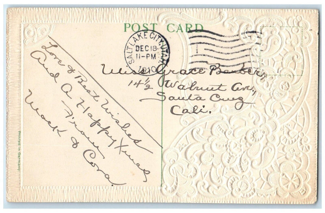 1910 Merry Christmas Winter River Boat Embossed Salt Lake City UT Postcard