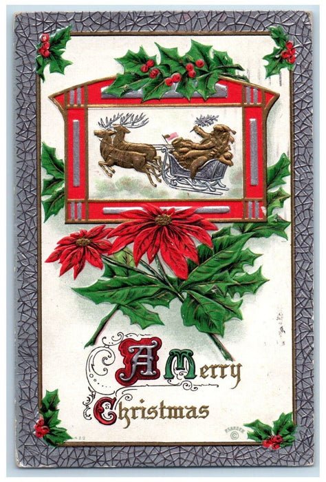 1913 Merry Christmas Berries Poinsettia Flowers Embossed Detroit MI Postcard