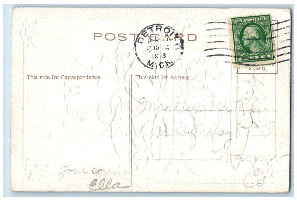 1913 Merry Christmas Berries Poinsettia Flowers Embossed Detroit MI Postcard