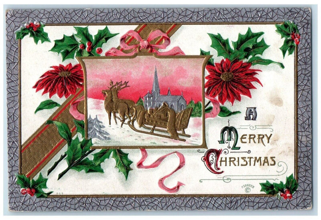 1913 Merry Christmas Berries Poinsettia Flowers Santa Sleigh Embossed Postcard