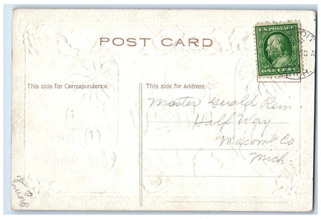 1913 Merry Christmas Berries Poinsettia Flowers Santa Sleigh Embossed Postcard