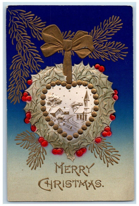1907 Merry Christmas Heart Holly Berries Ribbon Embossed Washington DC Postcard