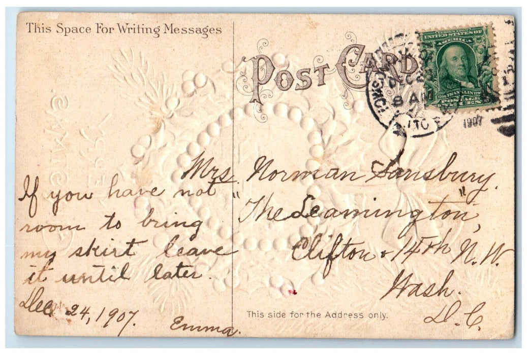 1907 Merry Christmas Heart Holly Berries Ribbon Embossed Washington DC Postcard