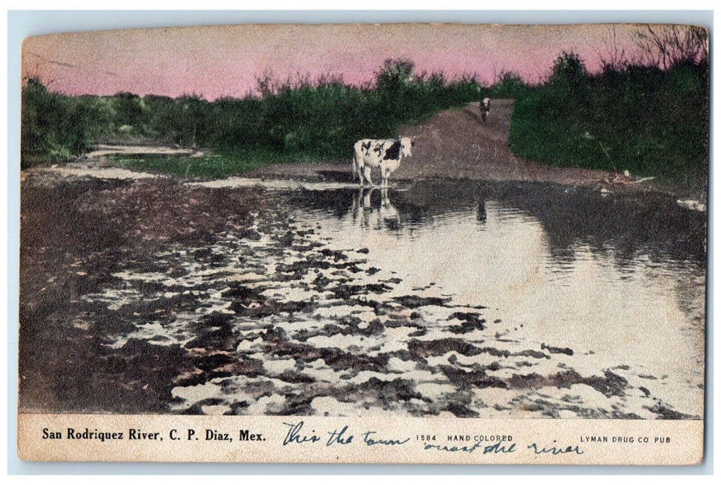 c1910 San Rodriguez River C.P. Diaz Mexico Handcolored Lyman Drug Co. Postcard