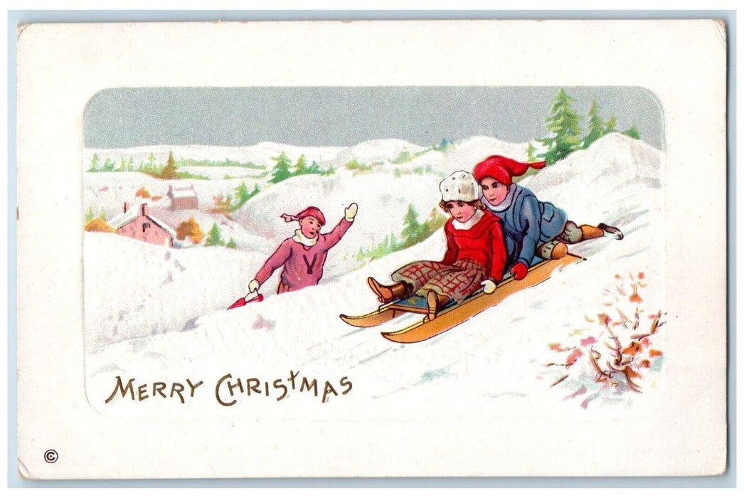 c1910's Merry Christmas Children Sleigh Winter Embossed Posted Antique Postcard
