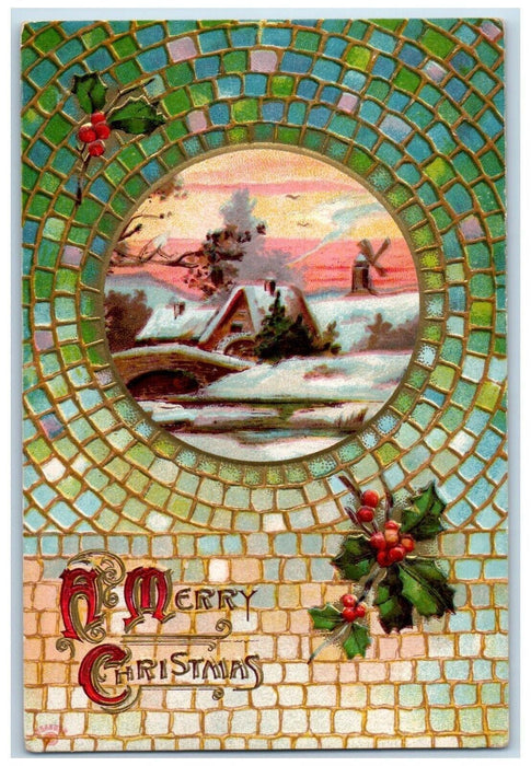 1911 Christmas House Bridge Winter Holly Berries Mosaic Ravenna OH Postcard