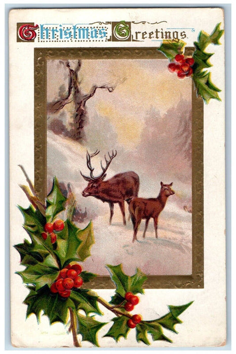 Christmas Greetings Deer On Winter Holly Berries Embossed Diamond OH Postcard