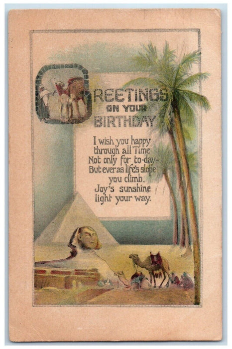 1922 Birthday Greetings Message Egypt Sphinx Pyramids Tuck's Antique Postcard