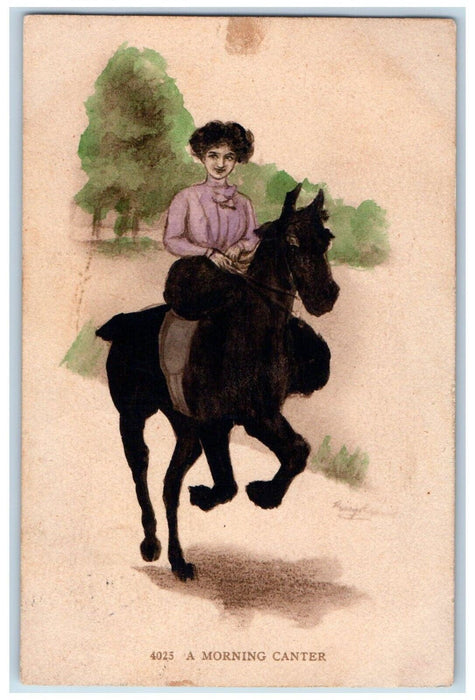 1910 Pretty Woman Riding Horse A Morning Canter Posted Antique Postcard