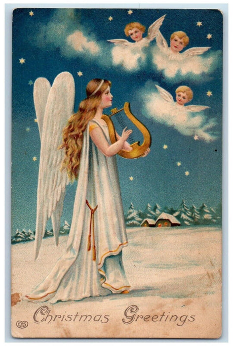 Christmas Greetings Angel Playing Lyre Angels Head Stars Wheeling VA Postcard