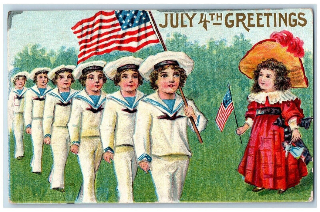 c1910's Fourth Of July Greetings Sailors Flag Little Girl Doll Embossed Postcard