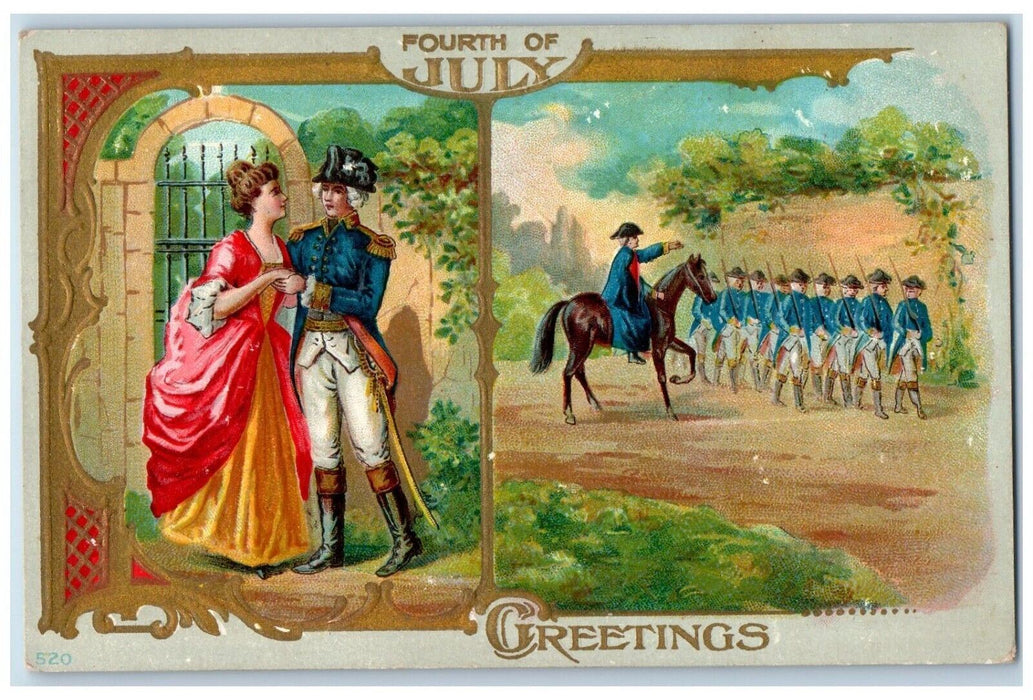 1909 Fourth Of July Greetings Washington And Soldiers Embossed Antique Postcard