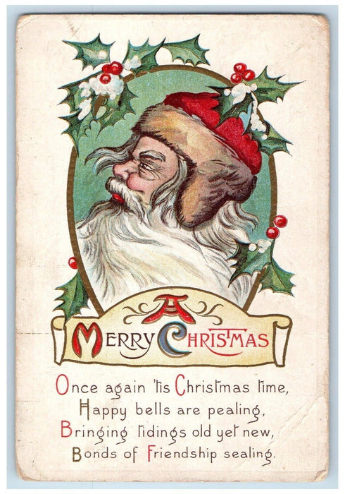 c1910's Merry Christmas Santa Claus Holly Berries Embossed Antique Postcard