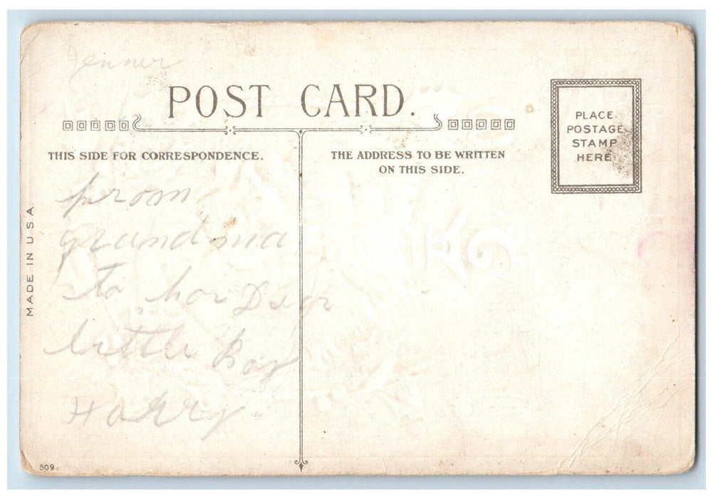 c1910's Merry Christmas Santa Claus Holly Berries Embossed Antique Postcard
