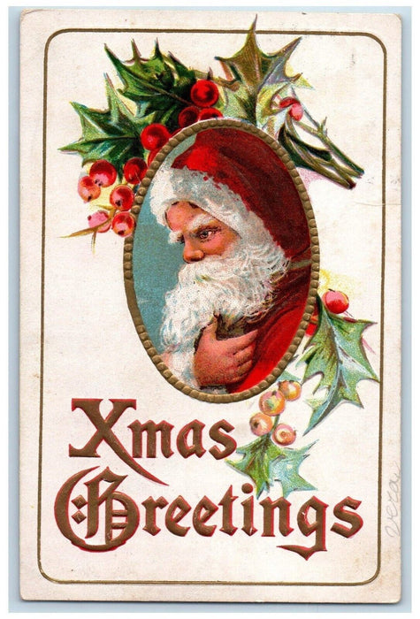 1912 Christmas Greetings Santa Claus Berries Embossed Springport MI Postcard